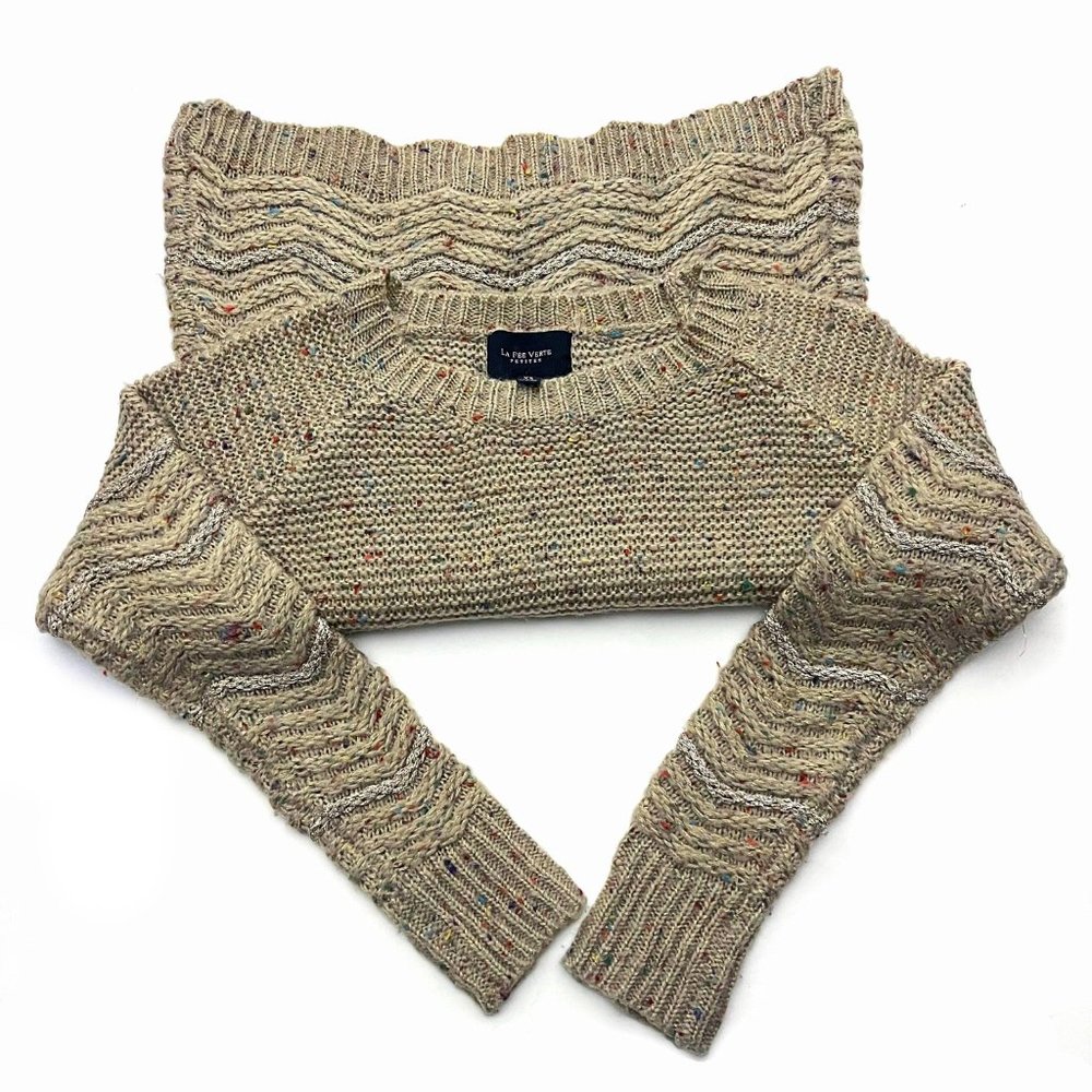 La Fee Verte Long Sleeve Metallic Glitter Chevron Beige Knit Sweater